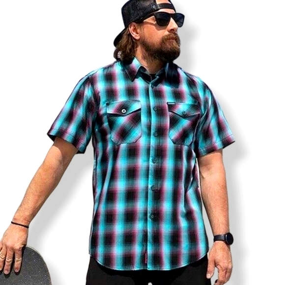 DIXXON Shreddy Bamboo Short Sleeve Plaid Button Up Blue, Pink - Picture 2 of 15